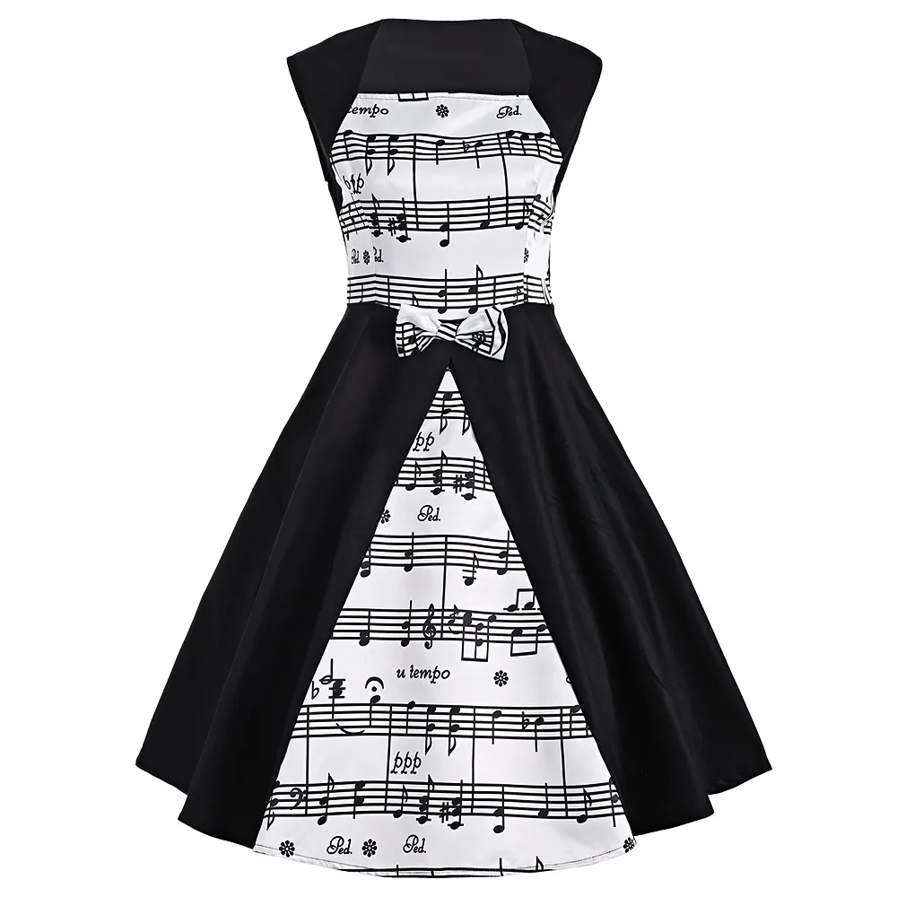 Gamiss Women Vintage Dress Music Note Print Bow A Line Square Collar ...