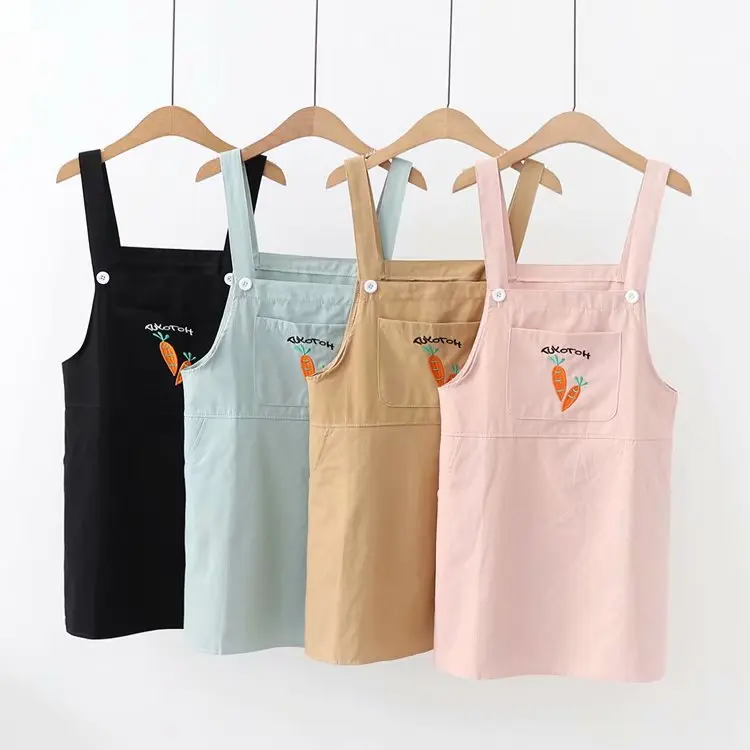 

Fashion Japanese women's dress fresh and sweet wild pocket carrot pattern embroidery comfortable casual strap dress female dress