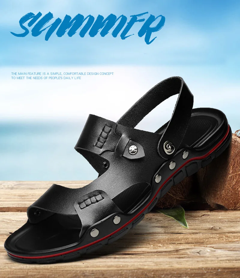 Кожаная мужская обувь, сандали летние мужские пляжные сандалии на плоской подошве противоскользящее покрытие Праздничная обувь черного цвета Летняя обувь KA1425