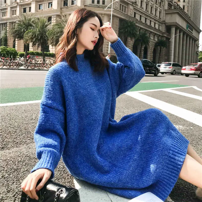 

Winter Sweater Dress Women Warm Knitted Vestidos Long Sweater Dress Elegant Roupas Feminina Long Sleeve Casual Dress Women Q862