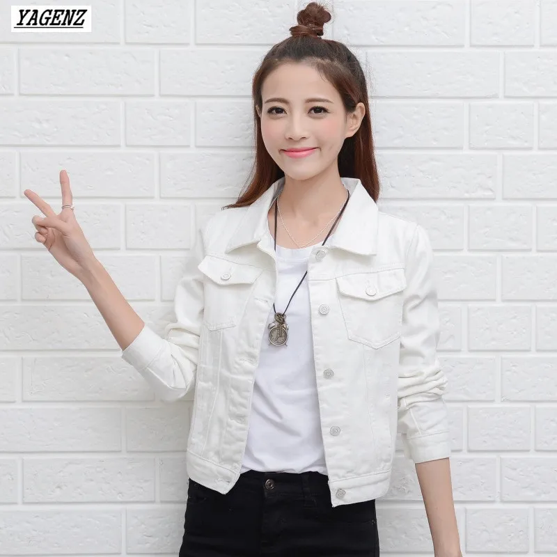 Image YAGENZ White Denim Jacket Coat Female 2017 Spring Autumn Long Sleeve Short Jacket Korean Large Size Woman Casual Cowboy Tops K75