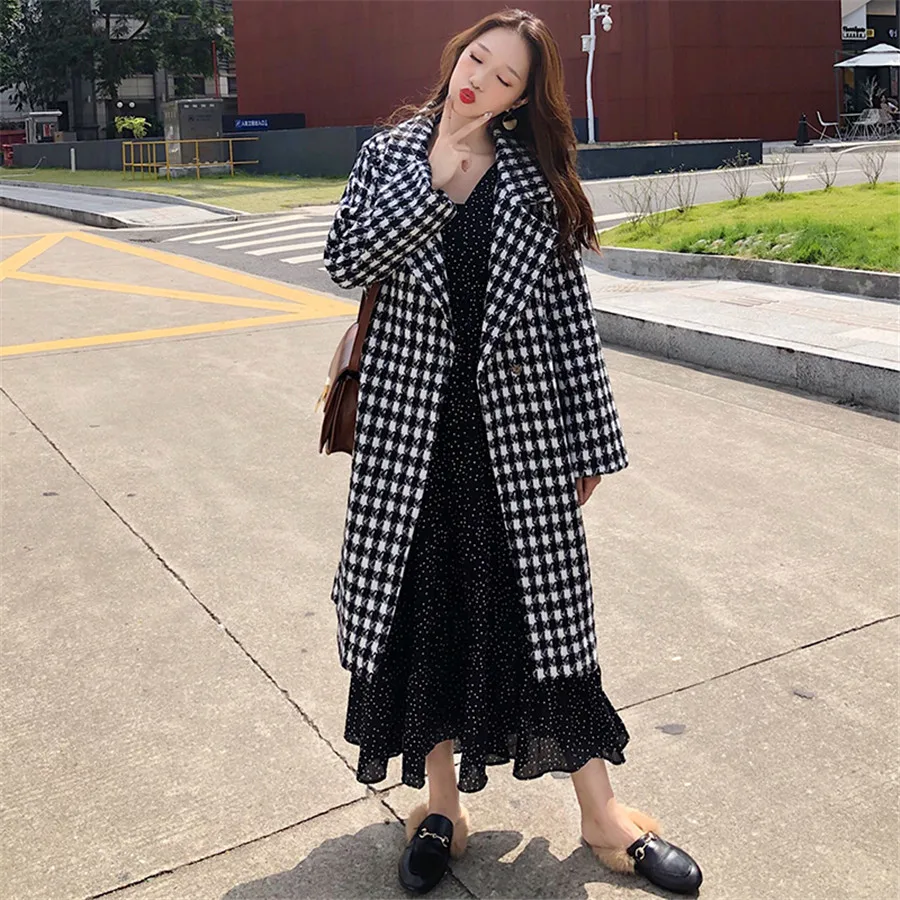 Hodisytian Winter Fashion Women Wool Blends Houndstooth Trench Coat Casual Block Check Thick Cardigan Female Cashmere Overcoat | Женская