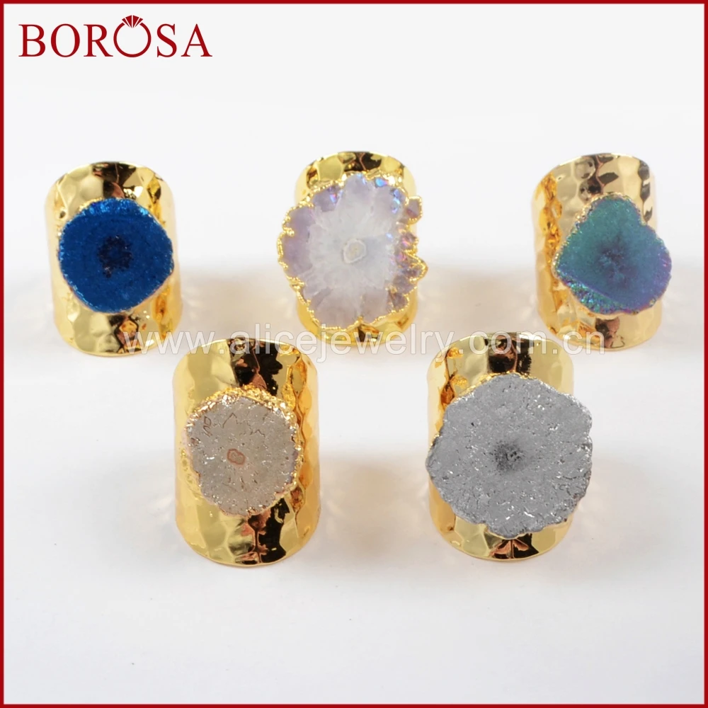 

BOROSA 5/10PCS Gold Color Rainbow Titanium Solar Quartz Band Ring for Women, Fashion Rainbow Sun Flower Stone Gems Jewelry G1459