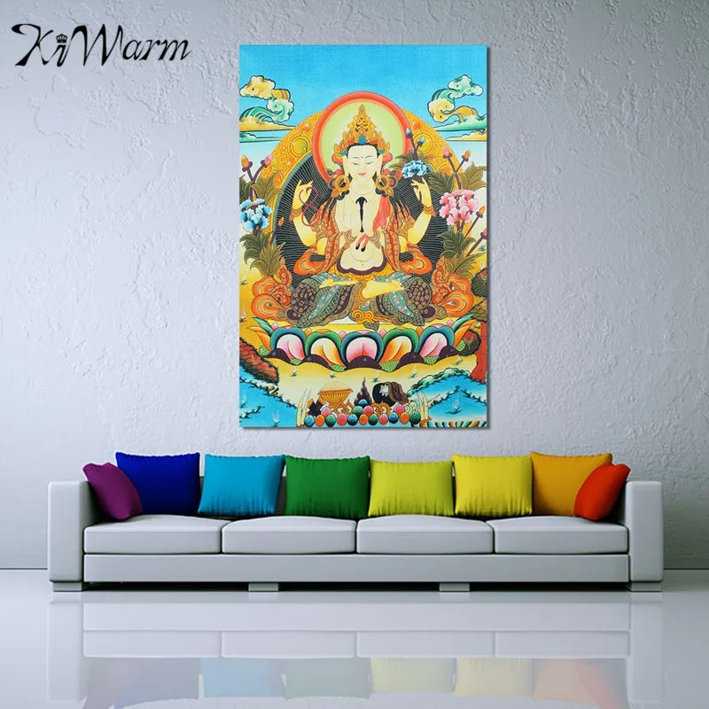 

KiWarm On Sale 36" Tibet Silk Cloth Embroidery 4 arms Chenrezig Buddha Goddess Bodhisattva Decorative Hangging Painting