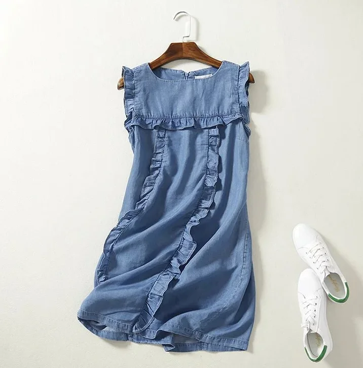high waist sleeveless mini soft jeans dress frilled women ruffles casual summer sundress short denim beach dress cotton