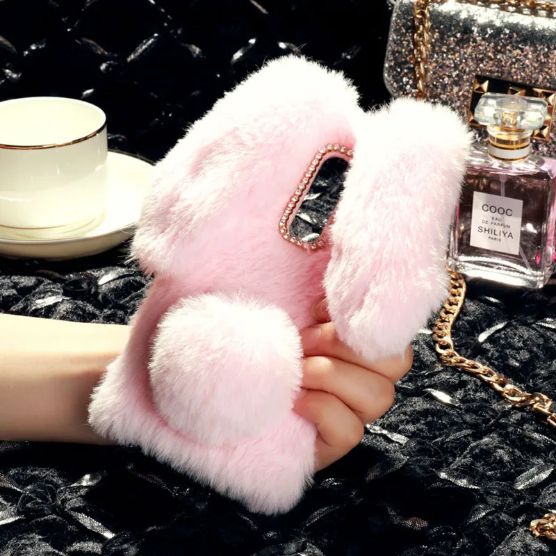 

3D Cute Rabbit Hairy Warm Fur Case For oneplus x case onepius 7 PRO (5G) 5 5T 6 6T 3 3T soft TPU Diamond Plush Bunny back covers