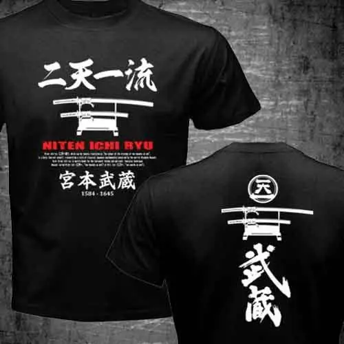 

Japanese Design Miyamoto Musashi Samurai Kendo School Niten Ichi Ryu T-Shirt 100 % Cotton Tee For Men Double Side Hoodies