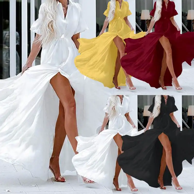 Celmia Bohemian White Ruffled Dress Women Short Sleeve Button Casual Split Sexy Maxi Long Vestidos Swing Party Dress Plus Size Celmia Bohemian White Ruffled Dress Women Short Sleeve Button Casual Split Sexy Maxi Long Vestidos Swing Party Dress Plus Size