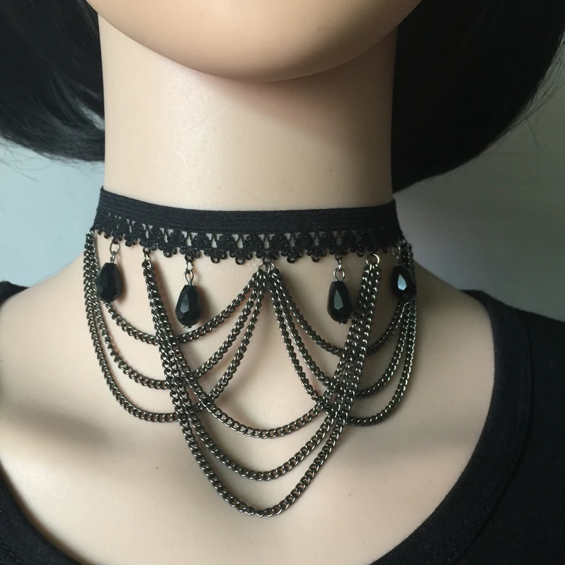 Sexy Black Lace Collar Necklace Harness Alloy Criss Cross Harness