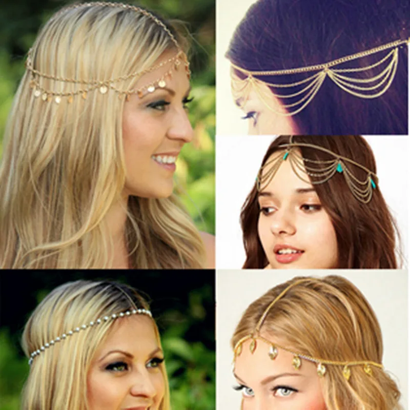 

2017 Beach Multi Layer Metal Gold Colour Head Chain Hair Jewelry Tassel Pearl Leaves Bindi Hair Accesories Bohemian Headband