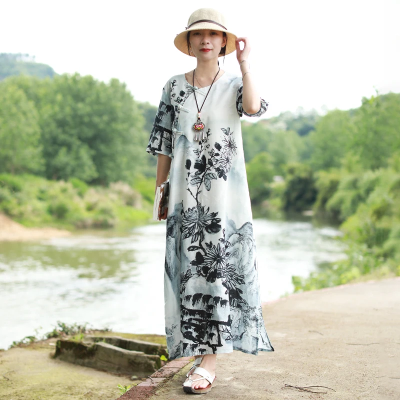 

Hisenky Summer Dress Tencel Cotton Linen Short Sleeve Dress Traditional Chinese Dress Vintage Dress Cheongsam Vestidos