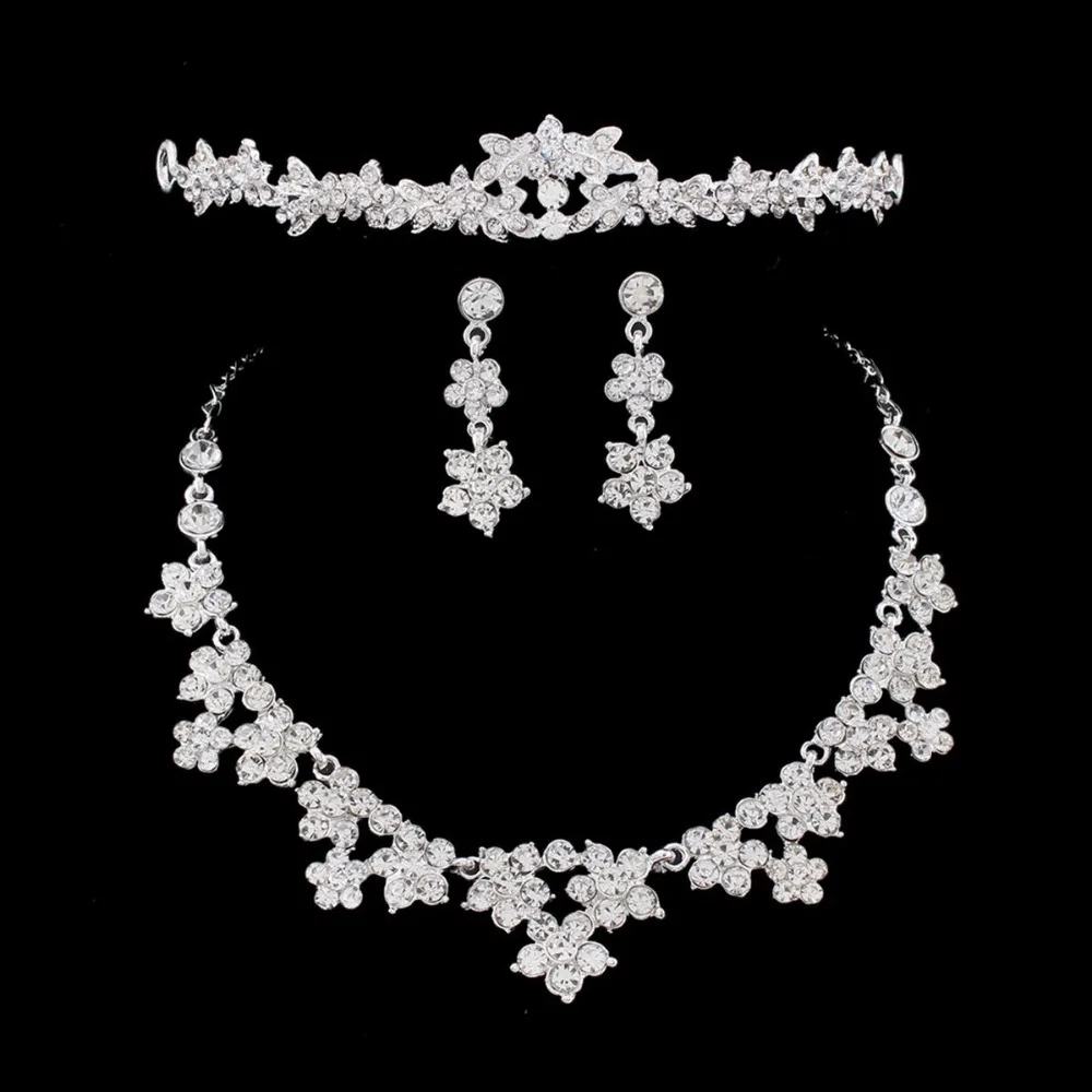 SHOSIXUAN Wedding Pearl Crown Tiara Flower Rhinestone Crystal Neckalce and Earrings Jewelry Sets for Bridal (1)