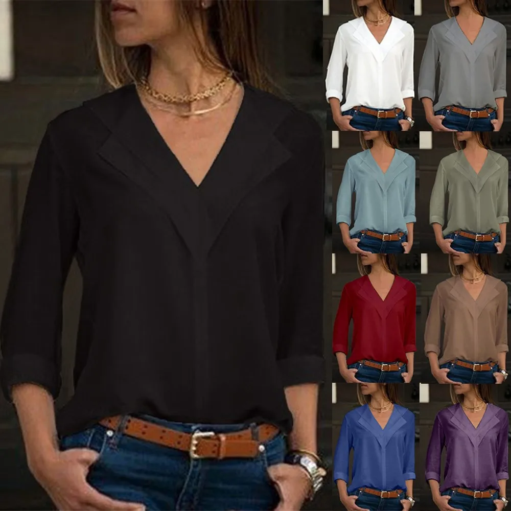 

Women Sexy Deep V-Neck Chiffon Blouse Solid Long Sleeve Button Shirts Autumn Spring Office Lady Elegant Blusas Tops Plus Size #H