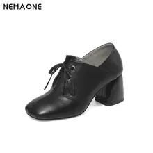 NEMAONE Genuine Leather Thick Heel Women pumps 2019 Solid Black Winter Ankle Boots Motorcycle Botas square Toe Warm Women Shoes