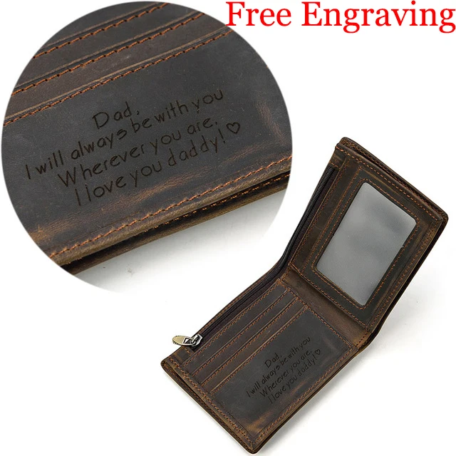 

Free Engraving crazy horse Genuine Leather wallet men Personalized PORTFOLIO Gift short bifold purse card holder zipper pocket