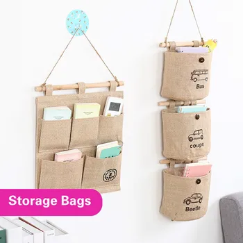

Thicken linen multilayer hanging storage bag door wall hanging style bag Eco-friendly sundries storage bag