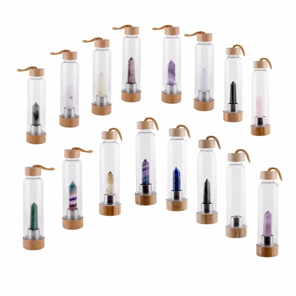 

2019 Hot Sale Drop Shipping Natural Crystal Point Healing Obelisk Wand Elixir Quartz Crystal Water Bottle Tools With Cup Bag