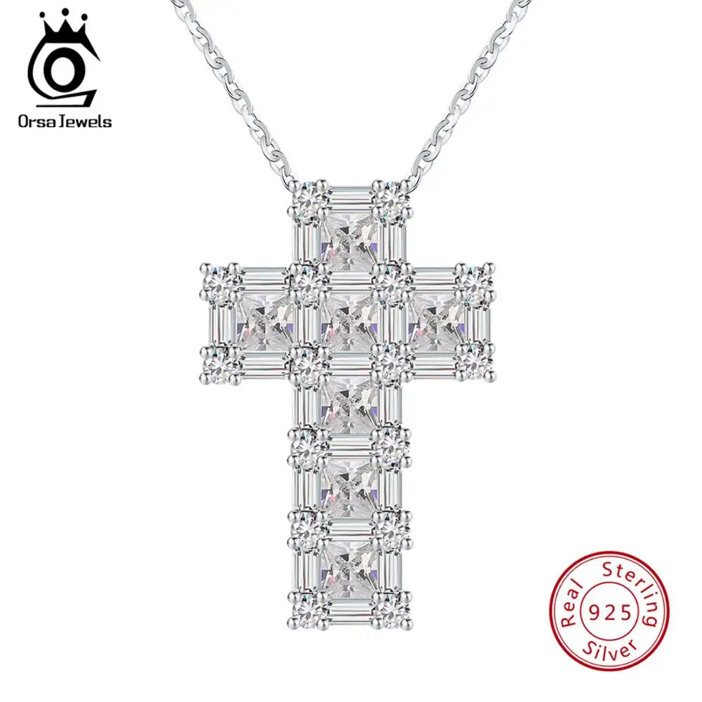 Goede ORSA JUWELEN 100% Echte Sterling Zilveren Hanger Ketting Voor Vrouwen AAA CZ Griffenzetting Cross Vorm Mannelijke Fijne 925 sieraden SN65