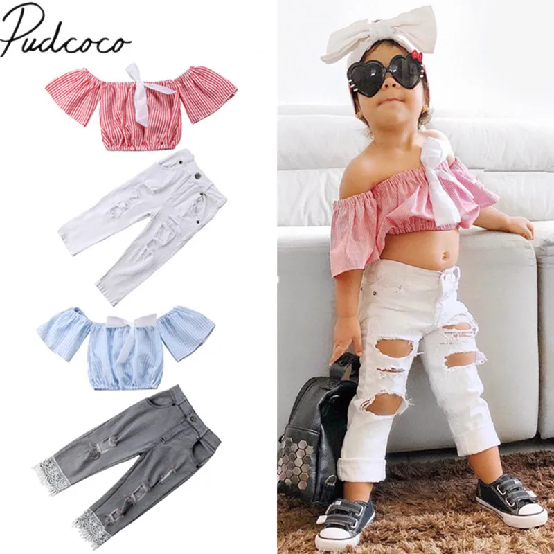 

2018 Brand New Toddler Infant Child Kid Baby Girls Striped Off Shoulder Crop Tops Lace Holes Pants 2Pcs Set Outfit Clothes 1-6T