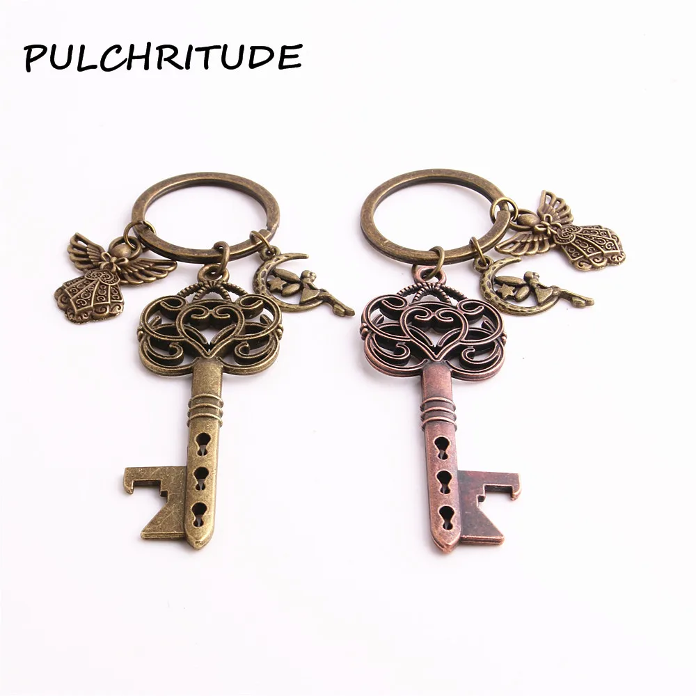 

PULCHRITUDE Metal Alloy Two Colors 2pcs Diy Key Chain Key Shape bottle opener Angel Moon Star Charm Diy Jewelry Making C1661