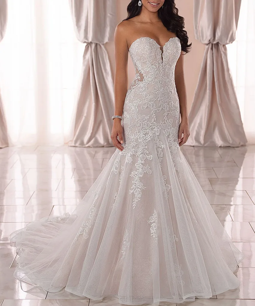 

Sweetheart Sexy Side Mermaid Wedding Dress Lace Appliques Chapel Train Wedding Gowns