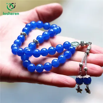 

LOSHEREN Natural Blue Agates Stone Round Shape 33 Prayer Beads Islamic Muslim Tasbih Allah Mohammed Rosary For Men&Women