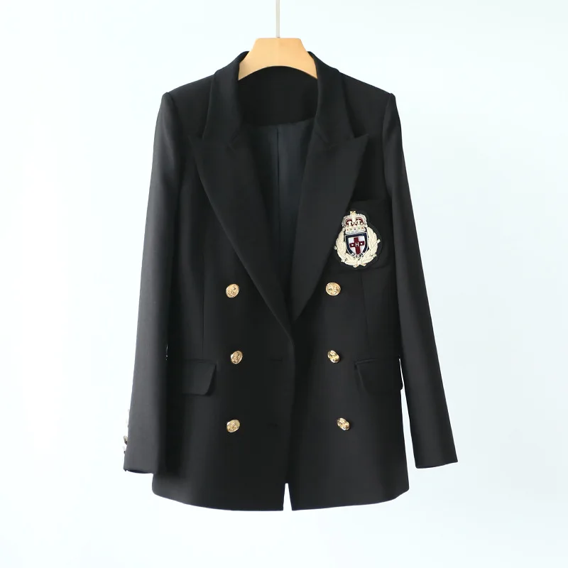

High-end European and American Street Trendy Women's Wear Long Sleeve Slim Handmade Badge Small Suit 2019 Black Suit