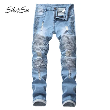 

Silentsea Fashion Streetwear Light Blue Men's Jeans Elastic Slim Fit Destroyed Ripped Jeans Moto Biker Jeans Men Punk Pants