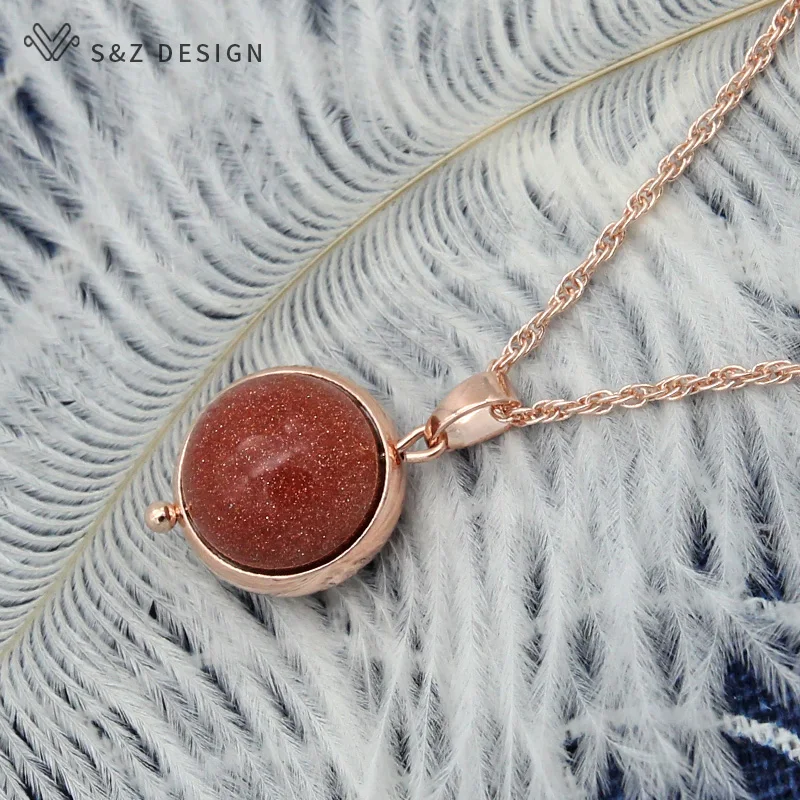 S&Z DESIGN New Natural Golden Sand Stone Pendant Necklace For Women Fine 585 Rose Gold Color Fashion Wedding Party Gift