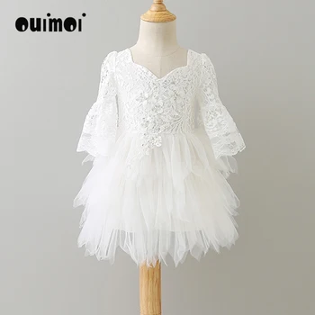 

2017 Fall girls Flare Sleeves Dresses V back Girls Boutique Robe Puffy Princess Costumes for Wedding Wholesale 6pcs/lot