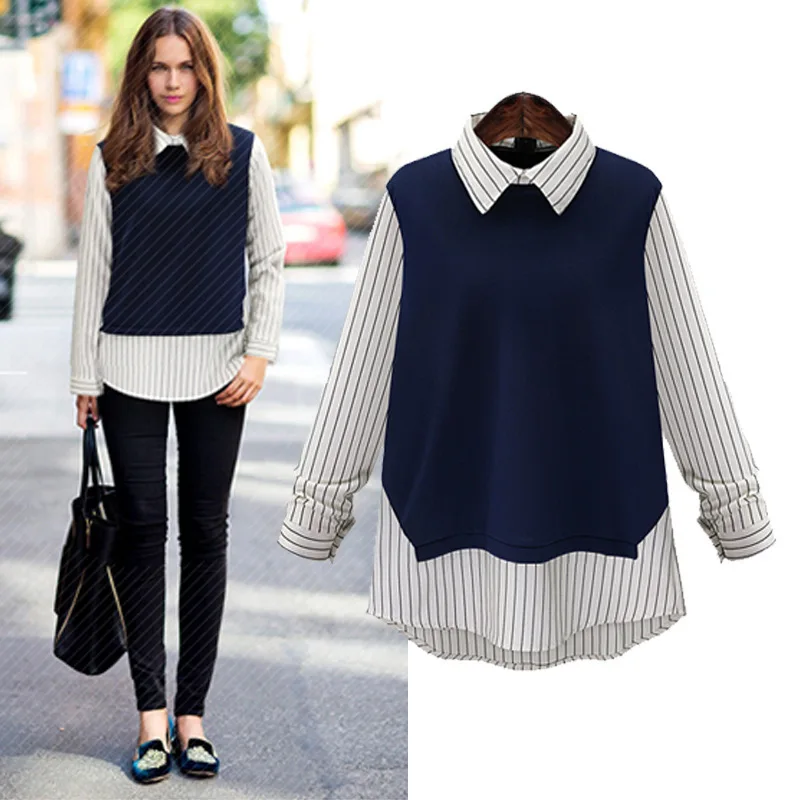 

New Spring Autumn Striped Patchwork False Two Pieces Loose Women Shirt Plus Size L-5XL Color Navy