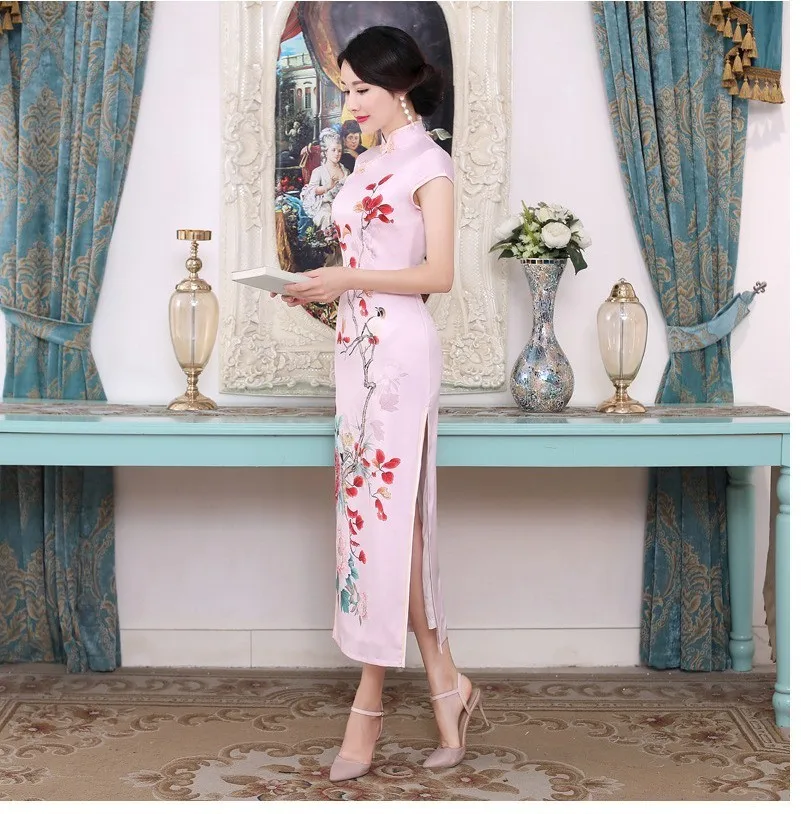 Шэн Коко Восточный халат Chinois Qipao платья для женщин сливы филиал шаблон печати Cheongsam Элегантные Длинные атласное платье плюс размеры