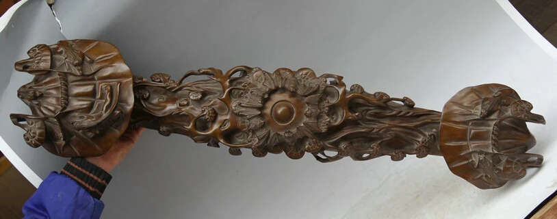 

S5793 34" Chinese boxwood Folk Feng Shui Animal Wealth chiropter bat Auspicious Ru Yi D0318