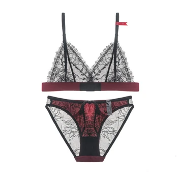 

Women Underwear Lingerie Set Bralette Eyelash Lace embroidery Ultra-thin Cup Contrast color Lenceria Femenina Bra and Panty Set