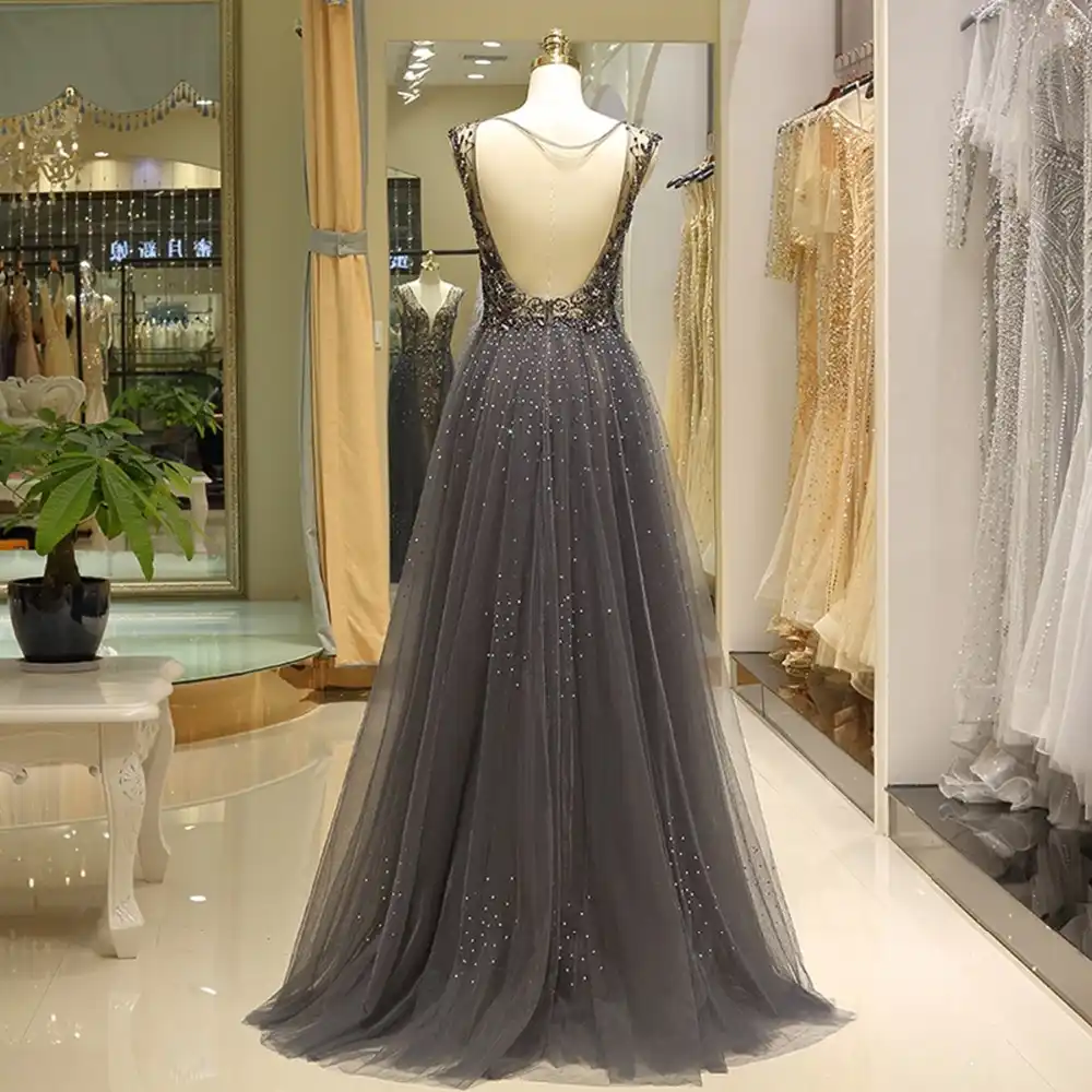 Dark Gray with Gold Beading Prom Dresses
