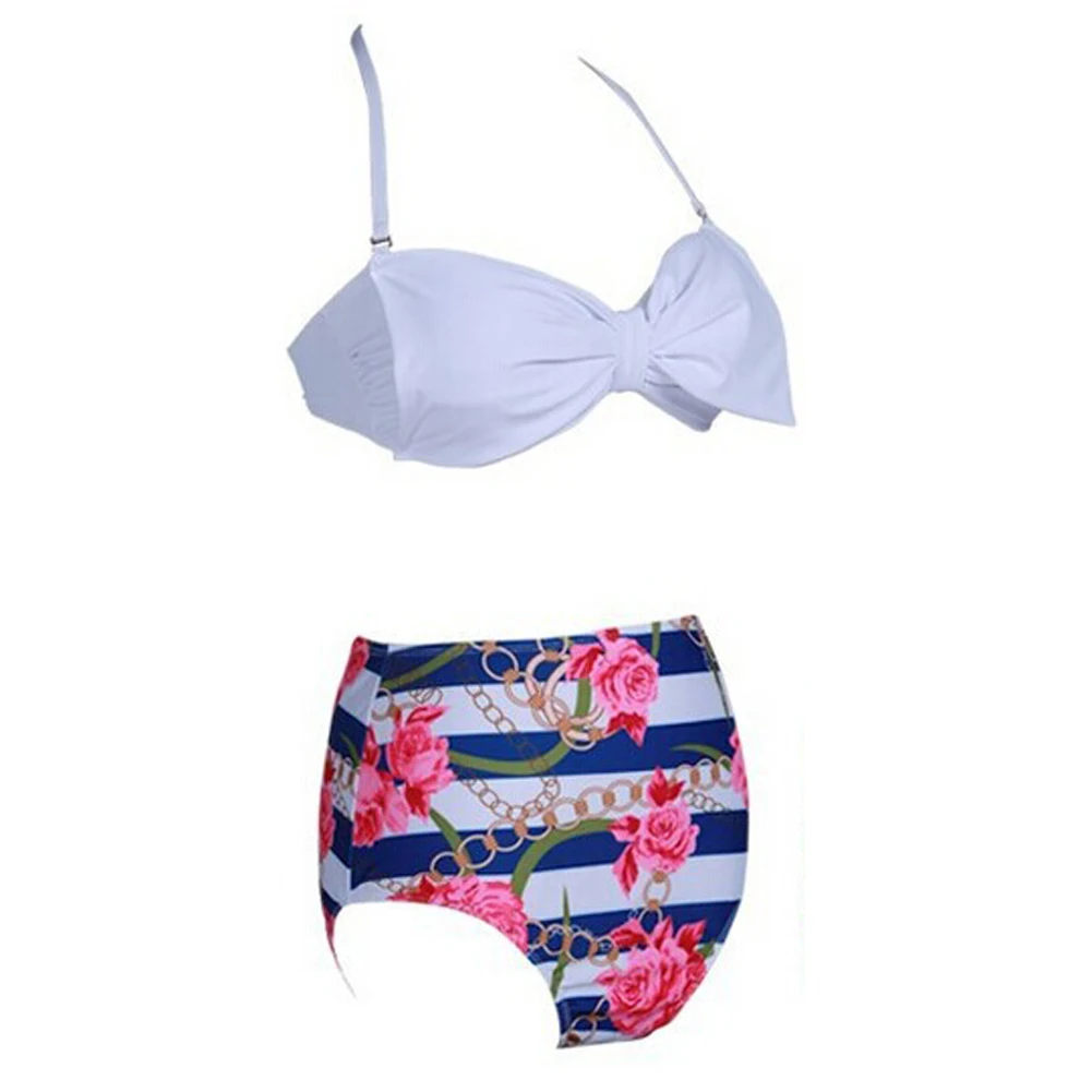 

High Waist Flower Pattern Panties + Bowknot Bra Bikini Suit Swimming Wear Beach Clothing MC889