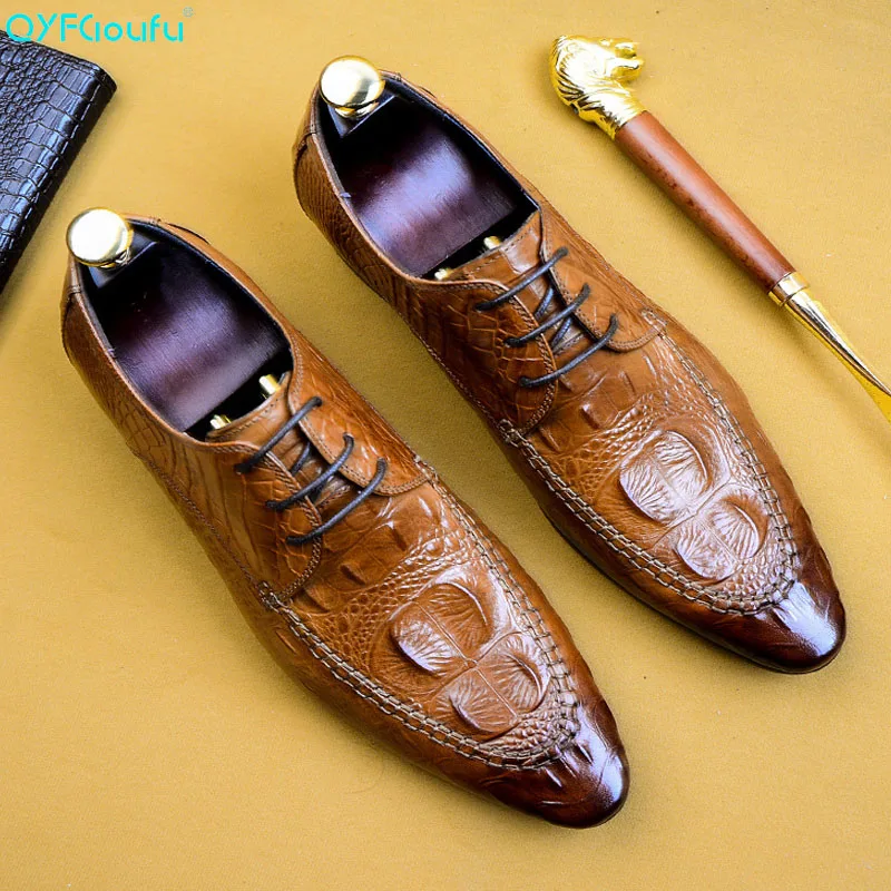 

QYFCIOUFU 2019 New Mens Dress Shoes Genuine Leather For Man Formal Business Crocodile Pattern Oxford Flats Pointed Toe US 11.5