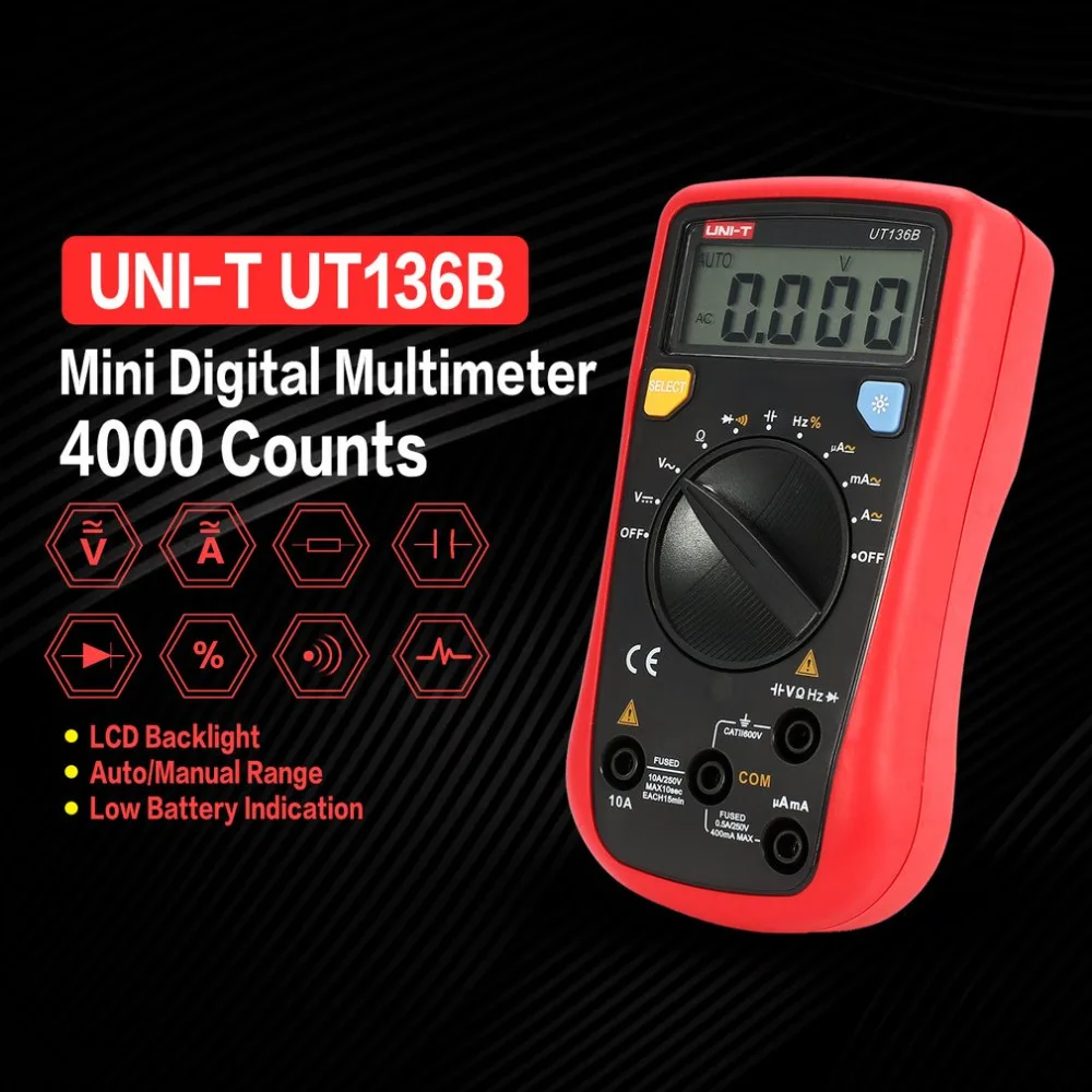 

UNI-T UT136B Mini Digital Multimeter 4000 Counts Auto/Manual Range AC/DC Volt Amp Ohm Capacitance Frequency Continuity Tester