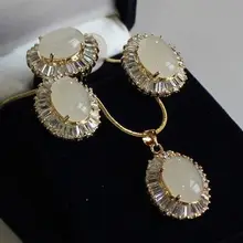 Красивый белый камень кулон Цепочки и ожерелья кольцо комплект серьги кварц fine покрытием Свадебные широкий часы крылья королева