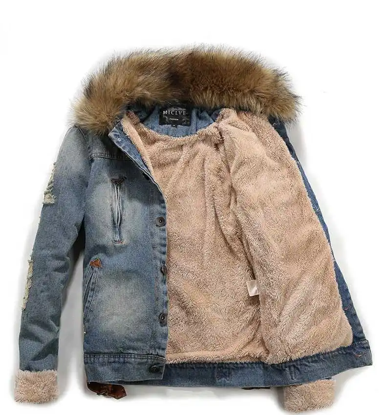 ФОТО New 2015 Men's Fur Collar Thicken Slim Denim Jackets Fashion Winter Padded Cotton Parkas Coat Man Plus Size Jeans Overcoat H4281