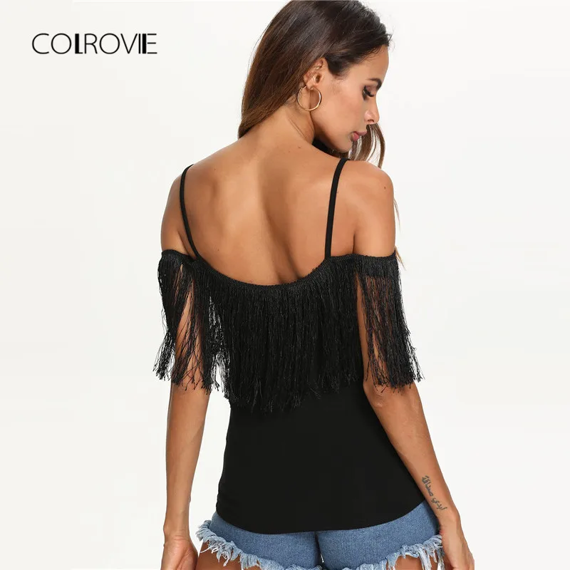 COLROVIE مفتوحة الكتف هامش مزين السببية أعلى 2018 جديد الصيف الأسود شرابة روك المحملة السباغيتي حزام الورك هوب النساء تي شيرت