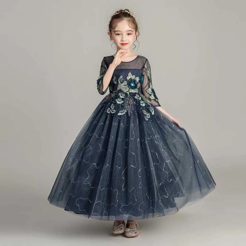 

New Princess Lace Dress Flower Embroidery Dress For Girls Vintage Children Dresses For Wedding Party Formal Ball Gown