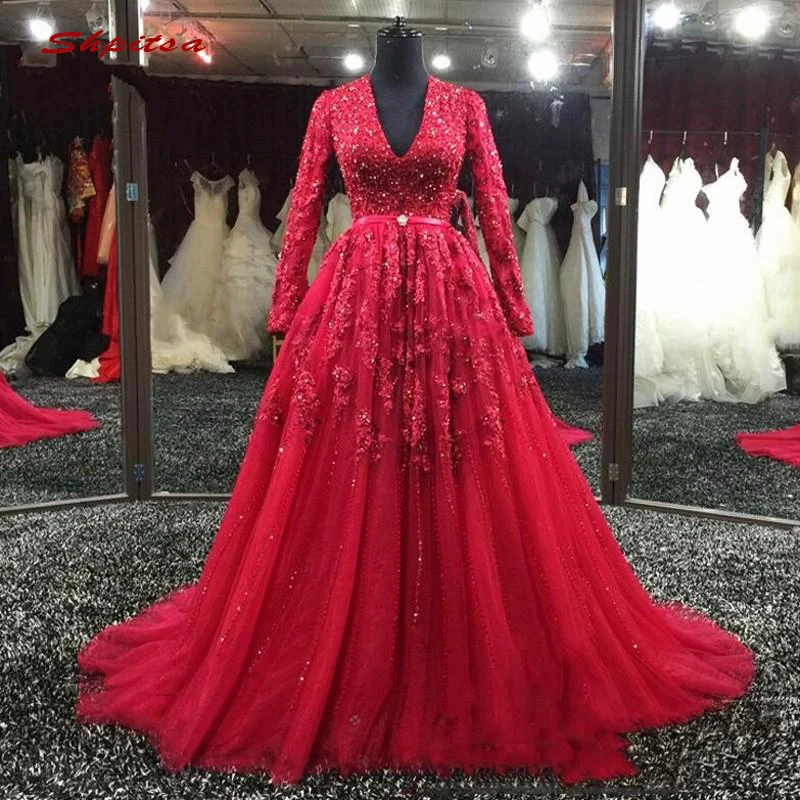 

Red Long Sleeve Lace Evening Dresses Party Dubai Plus Size Ladies Women Sequin Formal Dresses Evening Gown