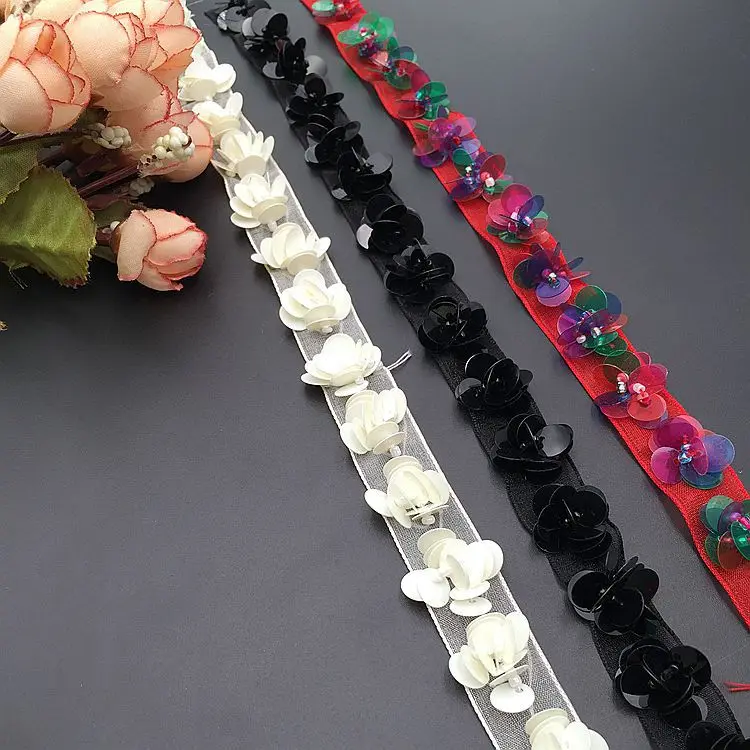 

10y Black White Flower Beaded Sequin Lace Trim Applique Organza Lace Fabric DIY Sewing Clothing Bridal Wedding Dress Accessories