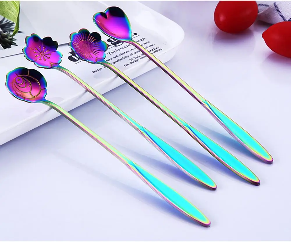

4pcs Gilded Flower Petals Colorful Cherry Blossom Spoons 1Set Kitchen Tool Stainless Steel Teaspoons Tableware Wholesale 4lp