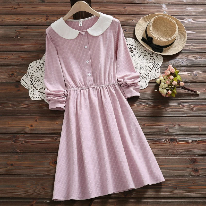 

Mori Girl Spring Autumn Women Sweet Dress Peter Pan Collar Pink Yellow Plaid Female Robe Long Sleeve Elegant Kawaii Preppy Dress