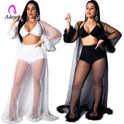 Crop Tops and Sexy Pants and Cloak 3 Pieces Set Women Sexy Club Sequin Suit See Through Sheer Feather Mesh Pant 3 Piece Outfit Crop Tops and Sexy Pants and Cloak 3 Pieces Set Women Sexy Club Sequin Suit See Through Sheer Feather Mesh Pant 3 Piece Outfit