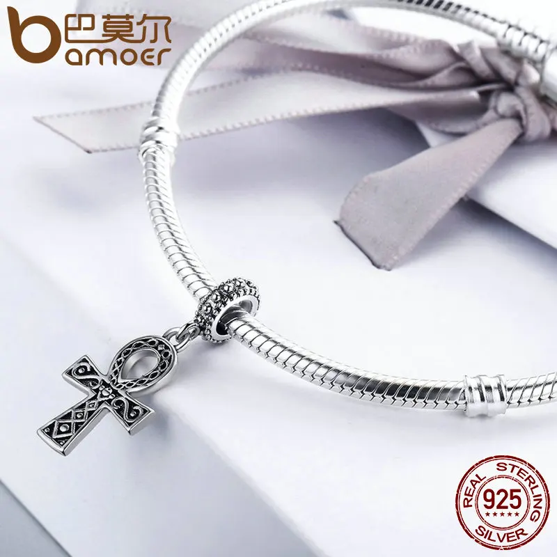 BAMOER Authentic 925 Sterling Silver Classic Power of Faith Cross Dangle Charms Fit Bracelets DIY Jewelry Making S925 SCC185