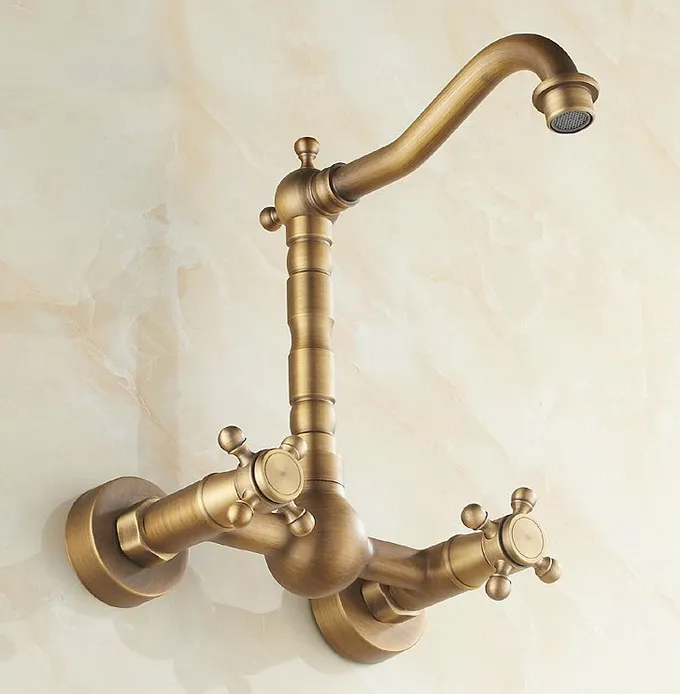 

Antique Brass Wall Mounted 2 Cross Handles Swivel Spout Kitchen Bathroom Sink Basin Faucet Mixer Tap anf052