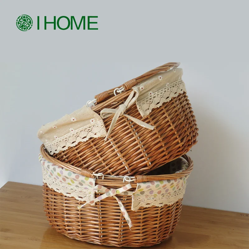 

Wicker Picnic basket handmade cassette cover steamed willow baskets woven straw fruits basket Shallow Storage Box with Lace